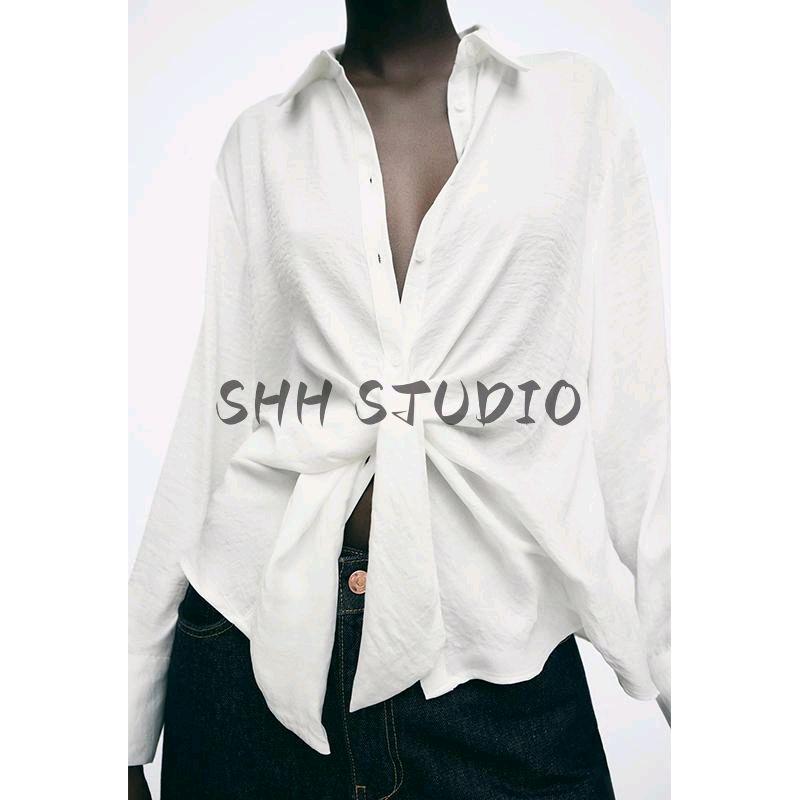 Spring New Women's Clothing Minimalist Style Bow Tie Drape Loose Long Sleeves Lapel Casual Shirt 2298057