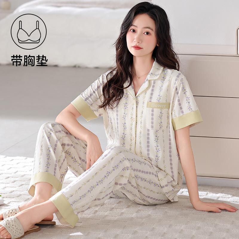 Pajamas with chest pads women's summer thin cotton short-sleeved trousers large size casual relaxation cardigan loungewear set