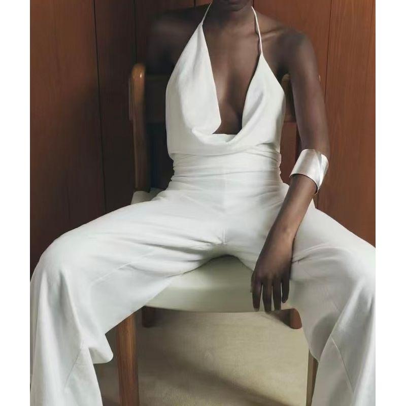 

Foreign Trade Order Za s Sling Hanging Neck Swing Collar Sexy Backless Slimming Simple White Summer New Royal Sister Jumpsuit White M