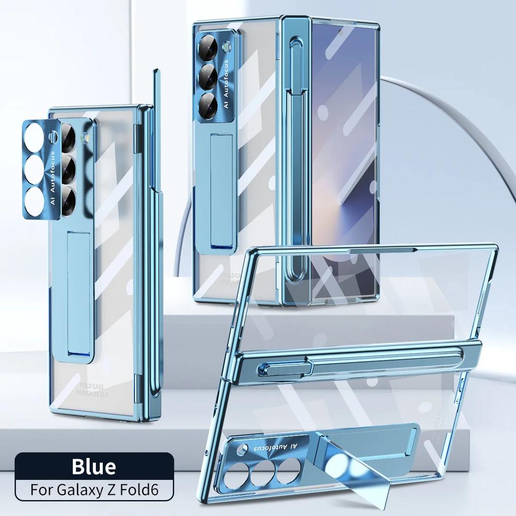 For Samsung Galaxy Z Fold6 7 Phone Case Spring Hinge Pen Slot Holder with Pen Electroplating Transparent Shell Film ZFold6 Cover