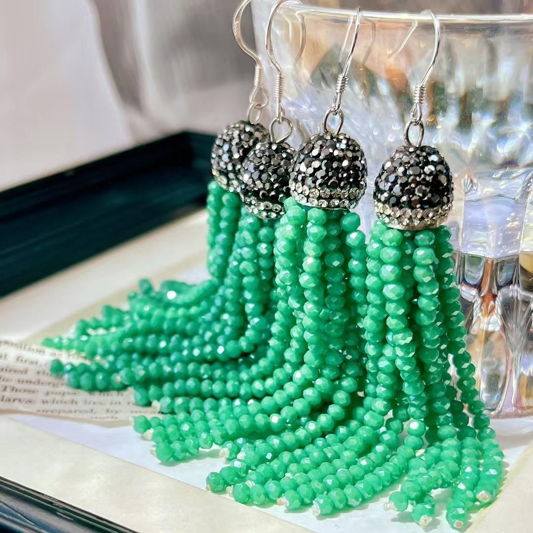 925 Silver Retro High Quality Medieval Imitation Emerald Fringed Earrings