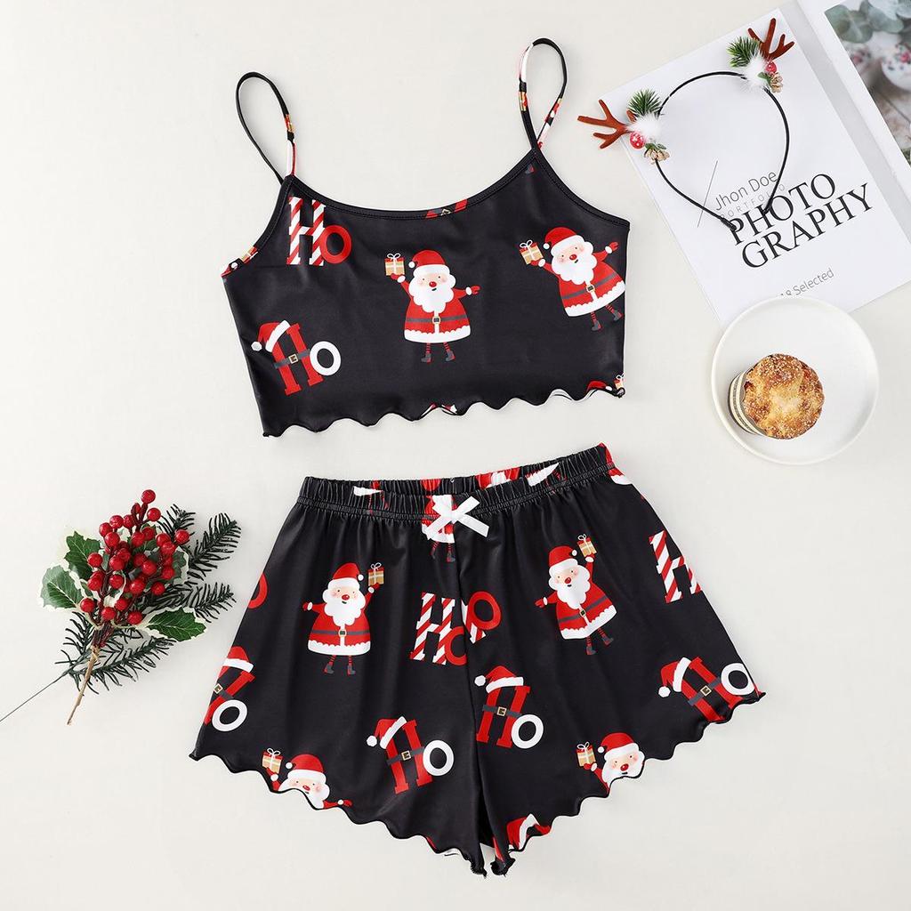Christmas Style Milk Silk Camisole and Shorts Two-Piece Pajama Set