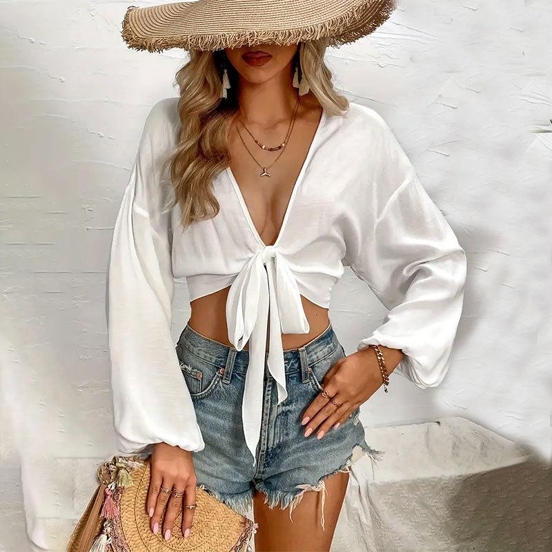 Women's Summer Solid Colour Long Sleeve Tie Bow Short Deep V Top