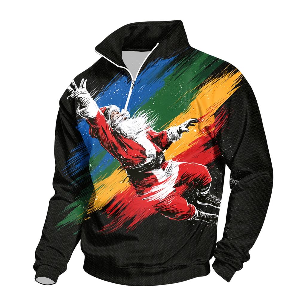 Men's Casual Quarter-Zip Stand Collar Sweatshirt with Christmas Print for Holiday Wear
