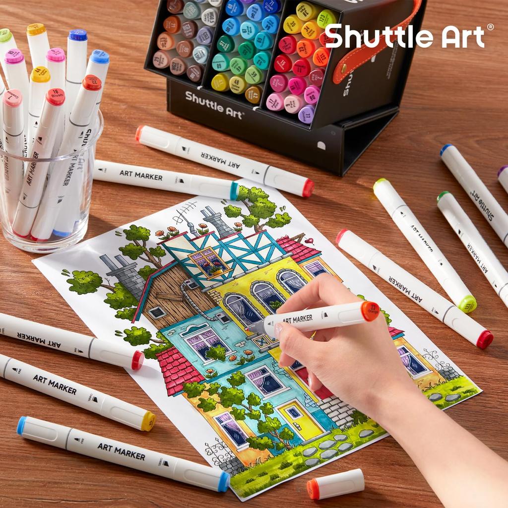Shuttle Art Illustration Marker with Blender Wide and Fine Carrying Perfect for Coloring and A Great Gift for Adults and 50-Color Set, Oil-Based, Pen,
