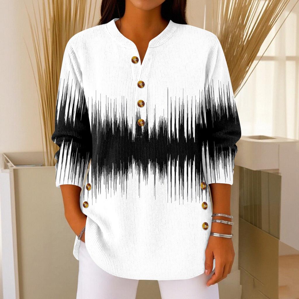 Women's Fashionable Button Collar Long-sleeved Christmas Print Pullover Top