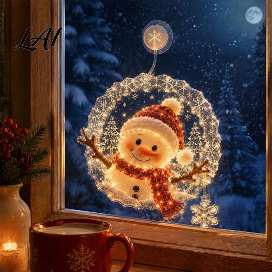 Decorative Window Silhouette Christmas Suction Cup Light 7.8-Inch Double-Layer Warm LED Hanging Glass Light Battery Powered for Holiday Windows,