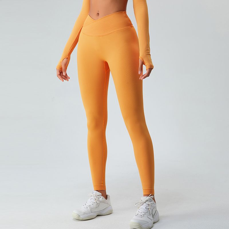 

V-Shaped Cross Fitness Pants for Women High Waist Hip Lifting Stretch Tight Bright Color Fashion Yoga Pants Outwear Running Workout Pants Mustard yellow XL