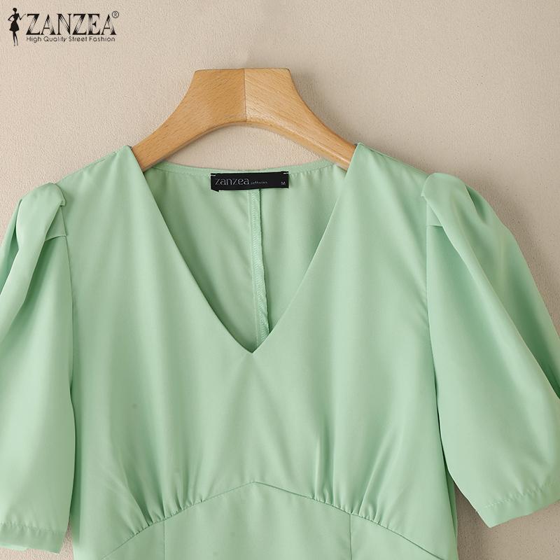 ZANZEA Women Casual V-Neck Solid Color Short Sleeve Summer Dress