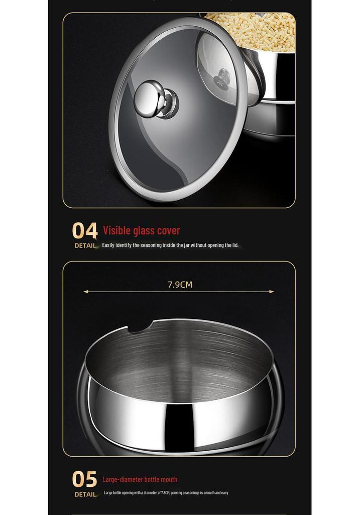 304 Stainless Steel Seasoning Jar Set with Lids & Spoons for Salt and Pepper