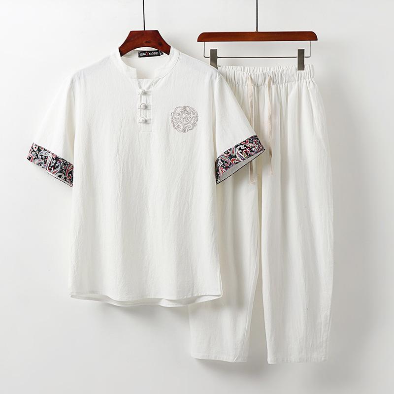 Kurzarmanzug aus Eisseide im chinesischen Stil für Herren, große Größe, lockere Neun-Punkt-Hose, dünner zweiteiliger Sommeranzug