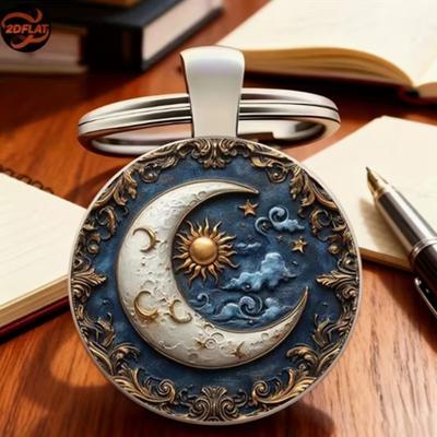 Retro Sky Sun, Moon, Stars, Constellation Round Glass Alloy Keychain