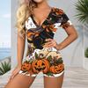 Women Plus Size V Neck Short Sleeve Button Front Raccoon Pumpkin Print Short Romper