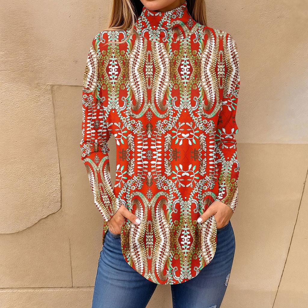 Tee Shirts For Women Fall Casual Long Sleeve Shirts Sweatshirt Vintage Printed High Neck Top Pullover