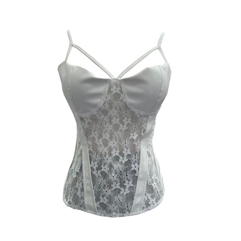 American Spicy Girl Lace PU Leather Patchwork See-Through Camisole with Chest Pads and Shirred Back Top