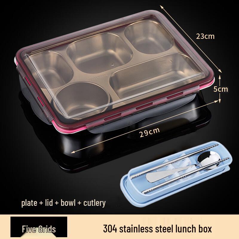 

304 Stainless Steel 5-Compartment Leak-Proof Lunch Box with Soup Bowl