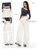 Women's Military Green Wide-Leg Jeans: Autumn Curved Knife Design, Loose Fit, Floor-Length Casual Workwear Pants.