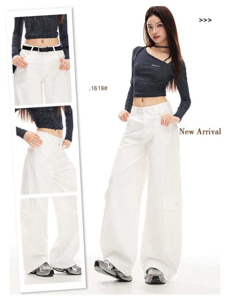 Women's Military Green Wide-Leg Jeans: Autumn Curved Knife Design, Loose Fit, Floor-Length Casual Workwear Pants.