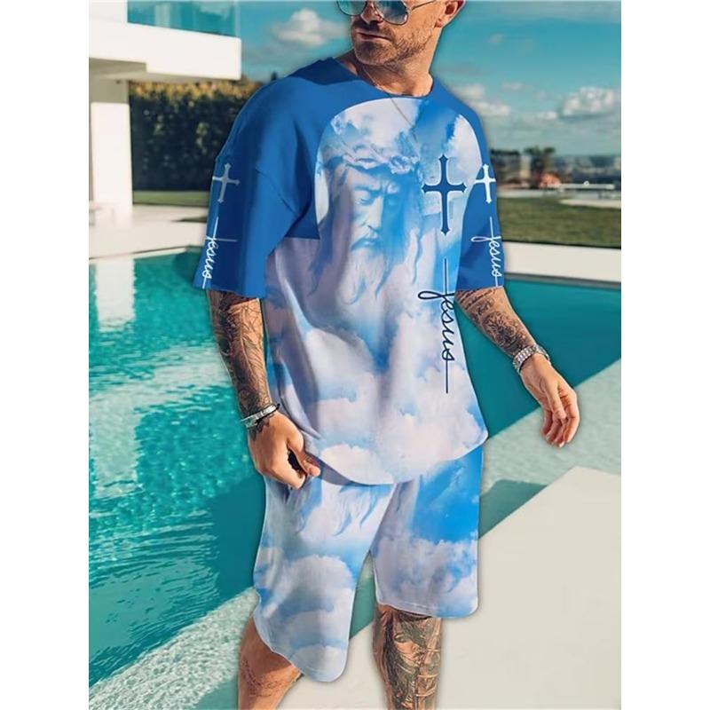 Fashion Casual Vacation Summer Men's Suit Skull 3D Printed Sportswear Short-sleeved Suit Oversized Round Neck T-shirt Shorts 2-piece