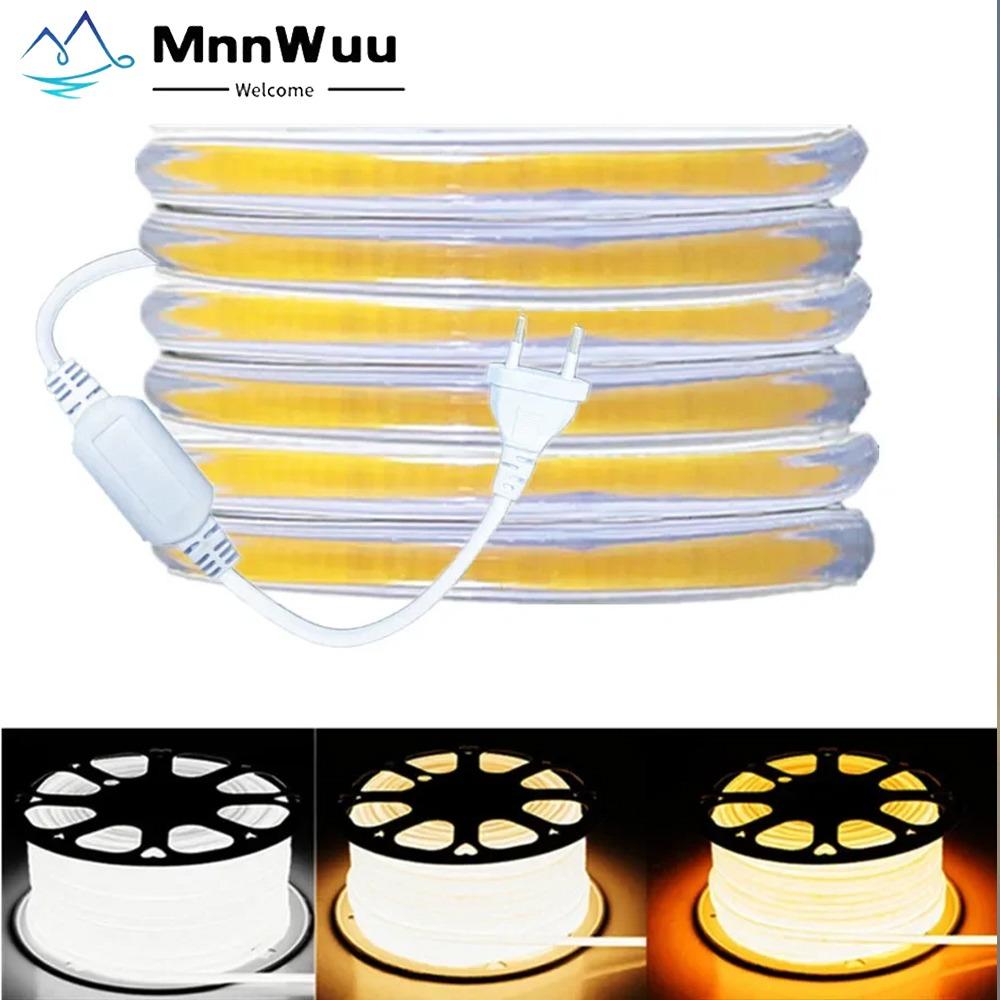 220V COB LED Strip Light EU Power Plug IP67 Buckle Fixation LED Strip Lamp Flexible COB Linear Light Bar 3000K 4000K 6000K 1-21m