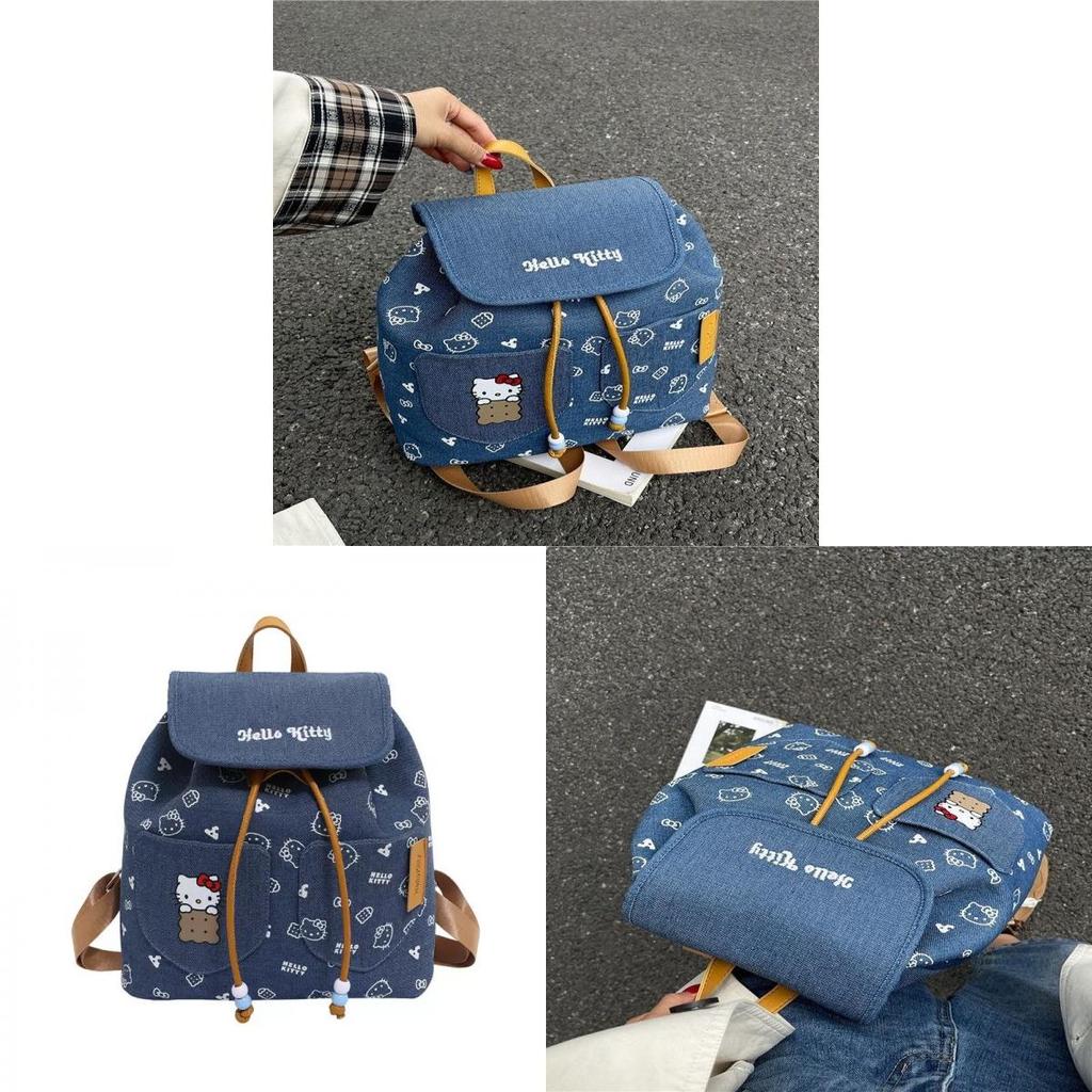 Hello Kitty Kids Backpack With Denim Fabric And Cartoon Design For Daily Use