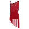 Women Latin Tango Tassel Dance Dress Asymmetrical Shoulder Glitter Rhinestones Irregular Hem Openable Crotch Leotard Dancewear for Stage Competition