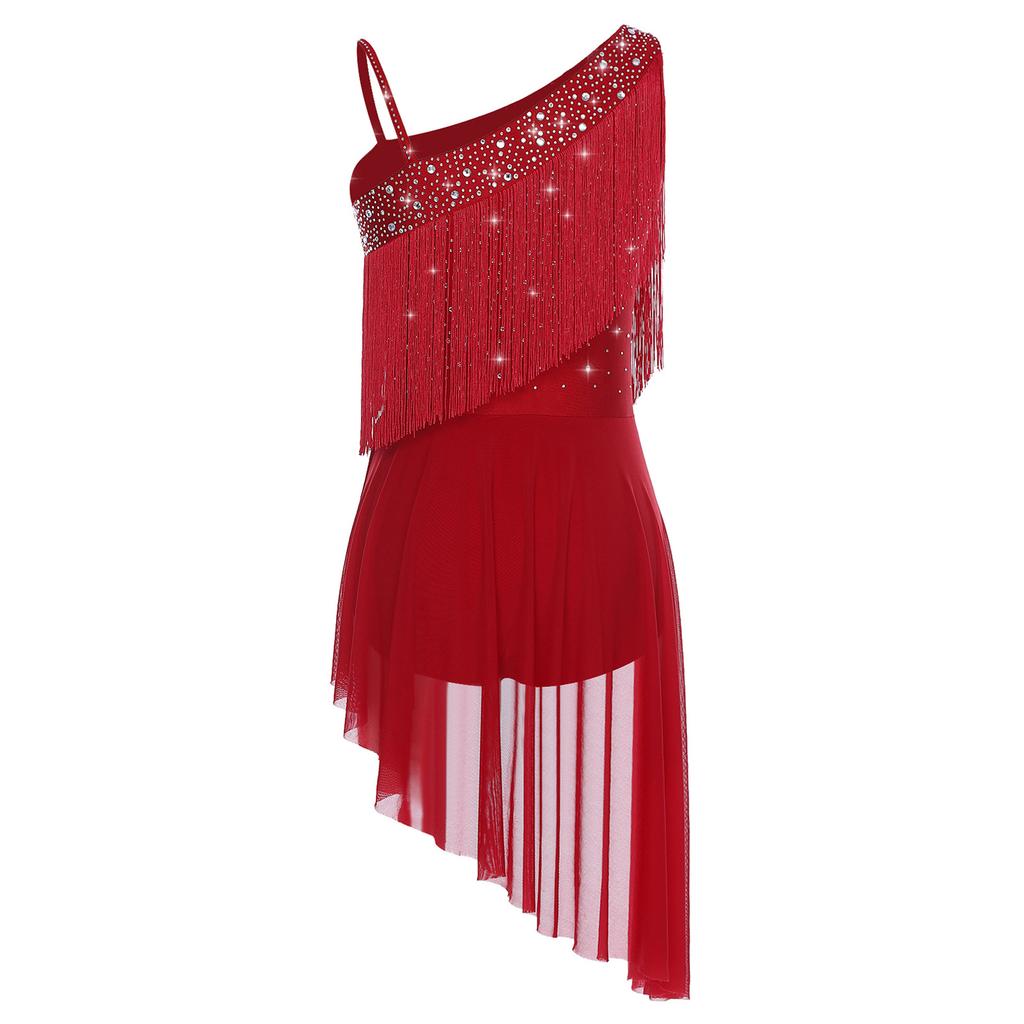 Women Latin Tango Tassel Dance Dress Asymmetrical Shoulder Glitter Rhinestones Irregular Hem Openable Crotch Leotard Dancewear for Stage Competition