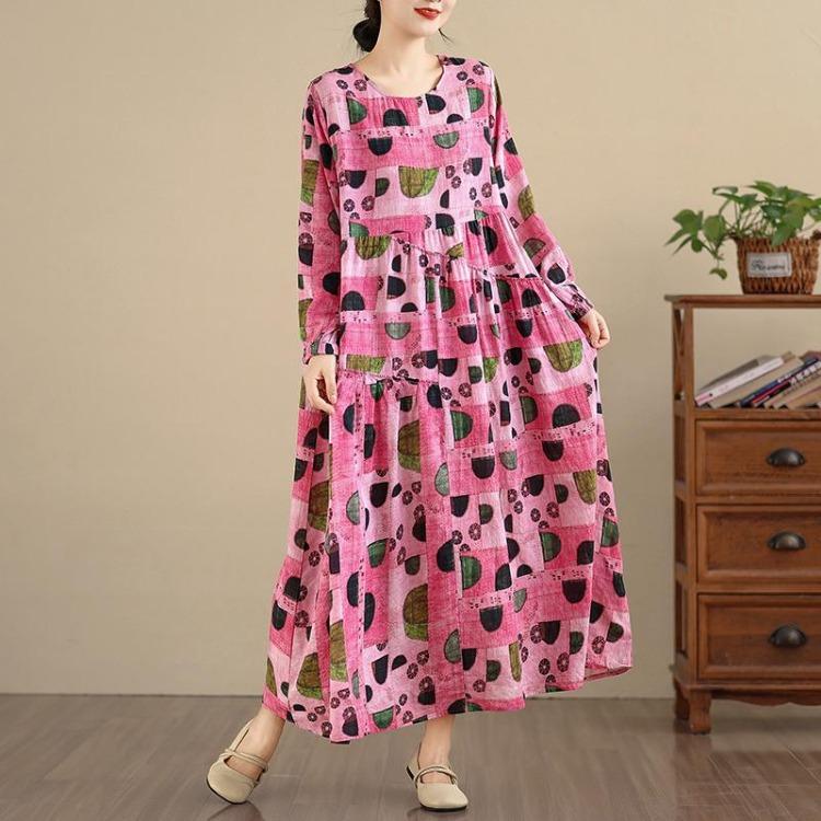 New Vintage Floral Maxi Dress Women Plus Size Oversize Long Sleeve Loose Basic Spring Long Dress