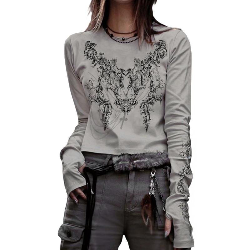 Y2K New dámské top tričko s dlouhým rukávem Gothic Dark Clothing