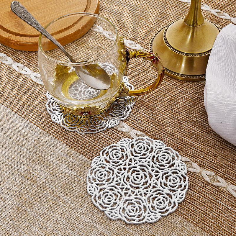 1pc Cocktail Coasters, Round Rose Hollow Coasters, Washable, Easy To Clean, Non-Slip, Heat-Resistant Suitable For Dining Table Decor, Home Decor