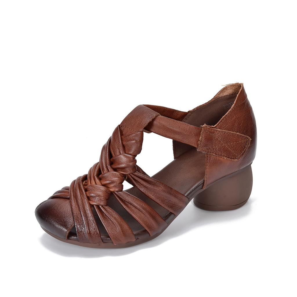 Johnature Genuine Leather Hand Woven Hollow-out Coarse Heel Sandals Retro Versatile High Heel Women's Shoes