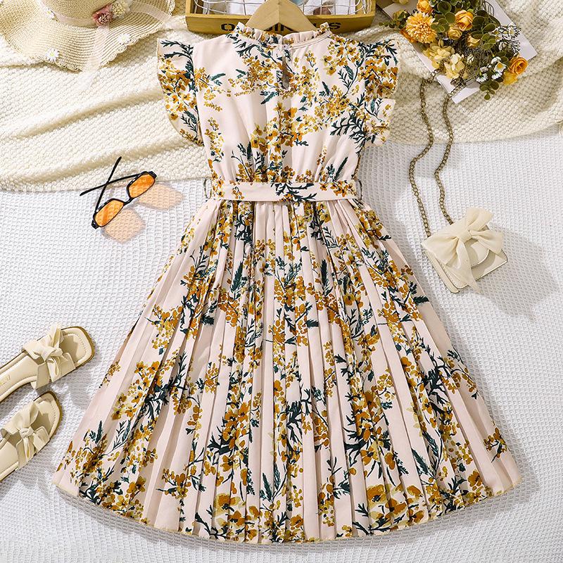 Kinderbekleidung Mädchen Sommerkleidung Französisch Retro Bedruckt Flatterärmel Mittlere Größe Kinder Tailliertes Plissee-Kleid