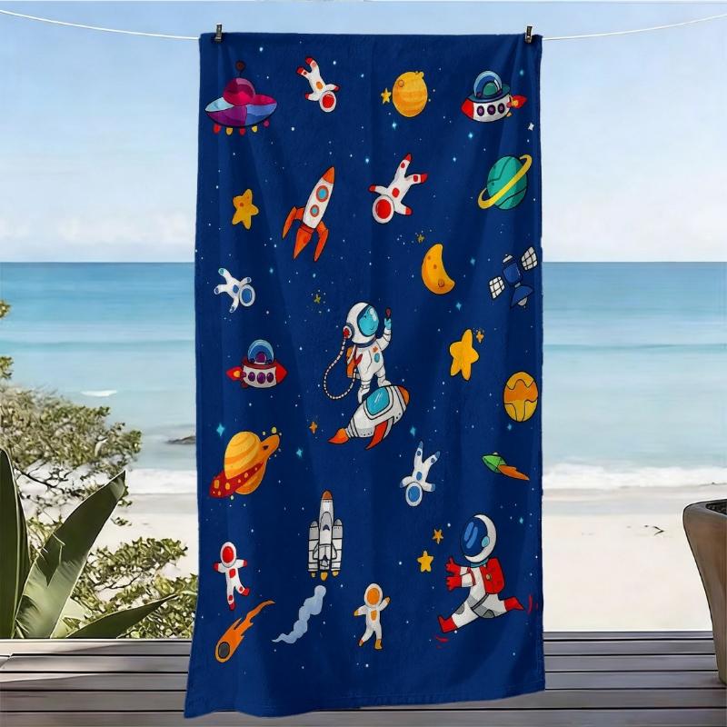 1pc Cartoon Space Theme Ultra-Soft Beach Towel | Astronaut, Rocket, Planet Print, Microfiber, Quick-Dry, Super Absorbent W30*H60(CM)