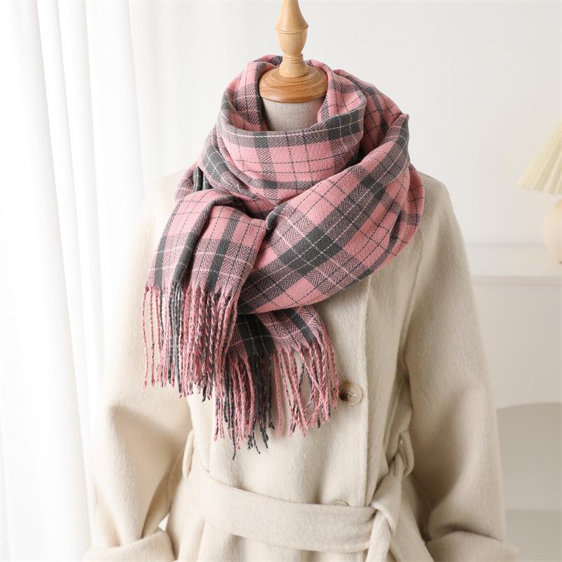 Simple Imitation Cashmere Warm Shawl Scarf Autumn And Winter Fashion High-End Plaid Elegant Rhyme Versatile Fringed Scarf