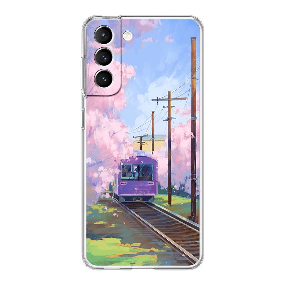 Cherry Japanese Traint Moun Fuji Clear Phone Case For Samsung Galaxy S23 S22 5G S20 Ultra S21 FE 5G S10E S9 S8 S10 Plus Cover