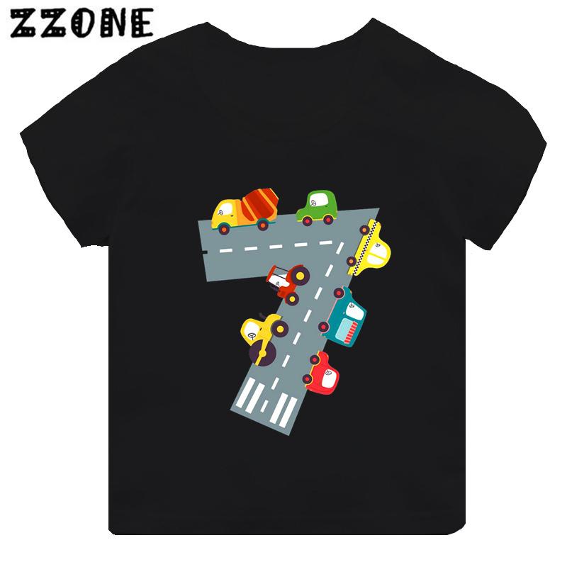Hot Sale Different Car Print Funny Boys Clothes 1 2 3 4 5 6 7 8 9 Years Birthday Number Cartoon Kids T shirt Baby Girls TShirts