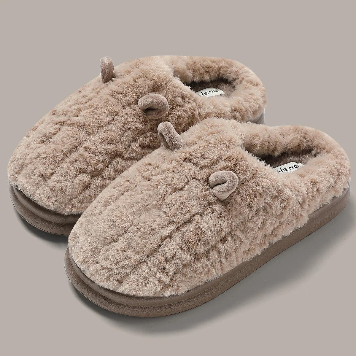 

Комфортные мягкие пушистые тапочки с закрытым носком для женщин, зимние теплые плюшевые домашние тапочки для женщин, повседневная нескользящая хлопковая обувь для дома 44-45 коричневый