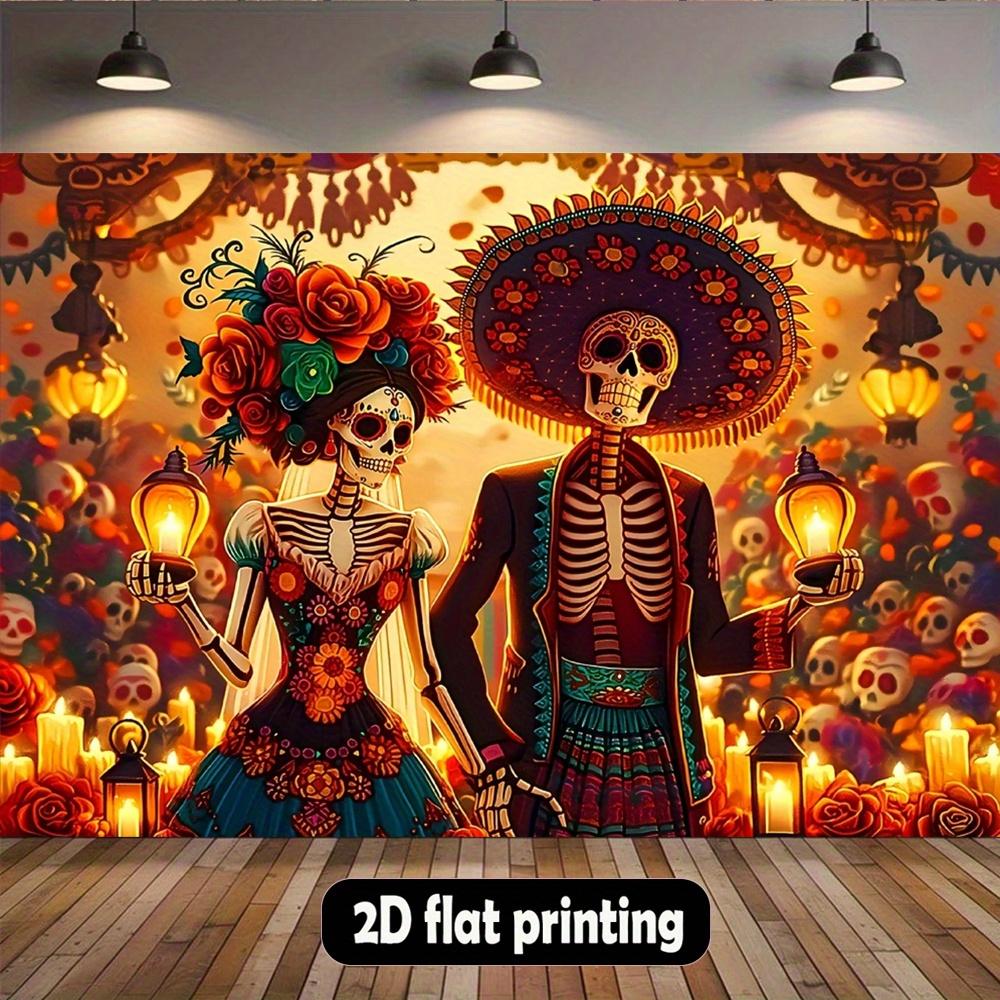The background wall of the Day of the Dead party in Mexico - colorful skull couples with floral dresses and lanterns