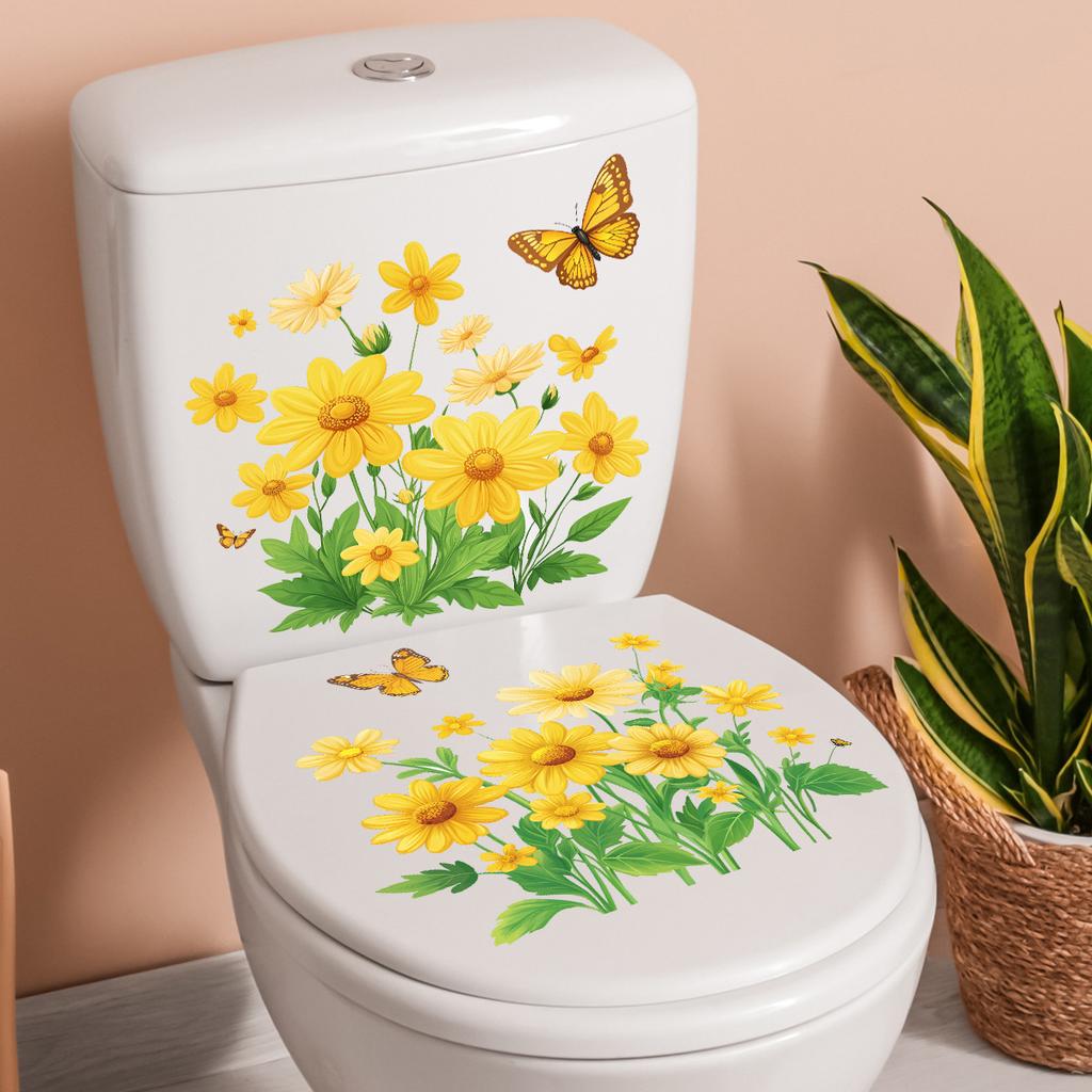 Yellow Chrysanthemum Butterfly Toilet Decoration Stickers, Bathroom Toilet Beautification Stickers