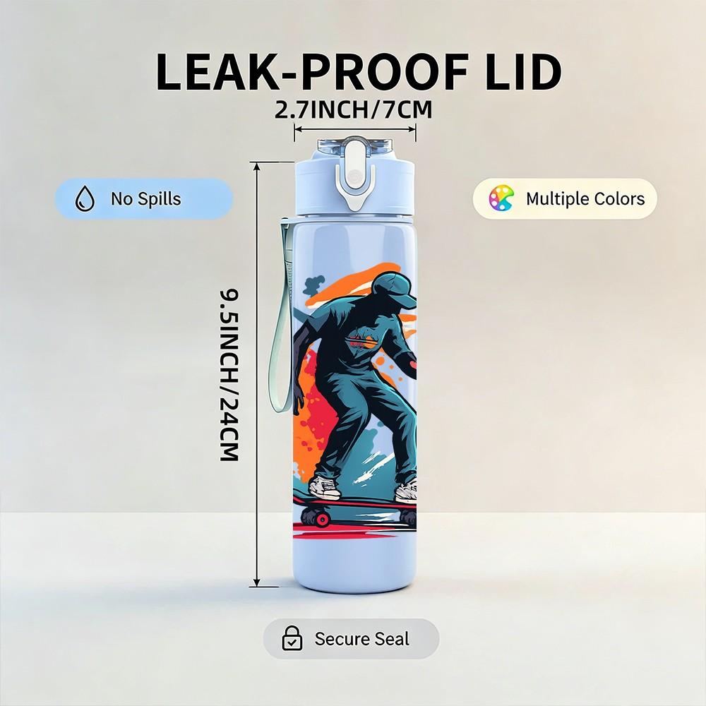 1PC Cool Skateboard Boy 750ml Color Plastic Sports Water Bottle Leakproof Flip Straw Lid Suitable for Sports Office Home Use