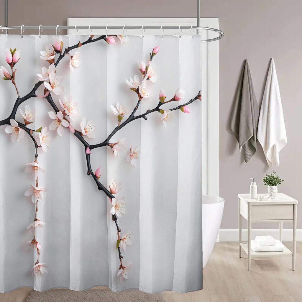 1 shower curtain with black branches and pink peach print on white background, high quality polyester fabric with hooks