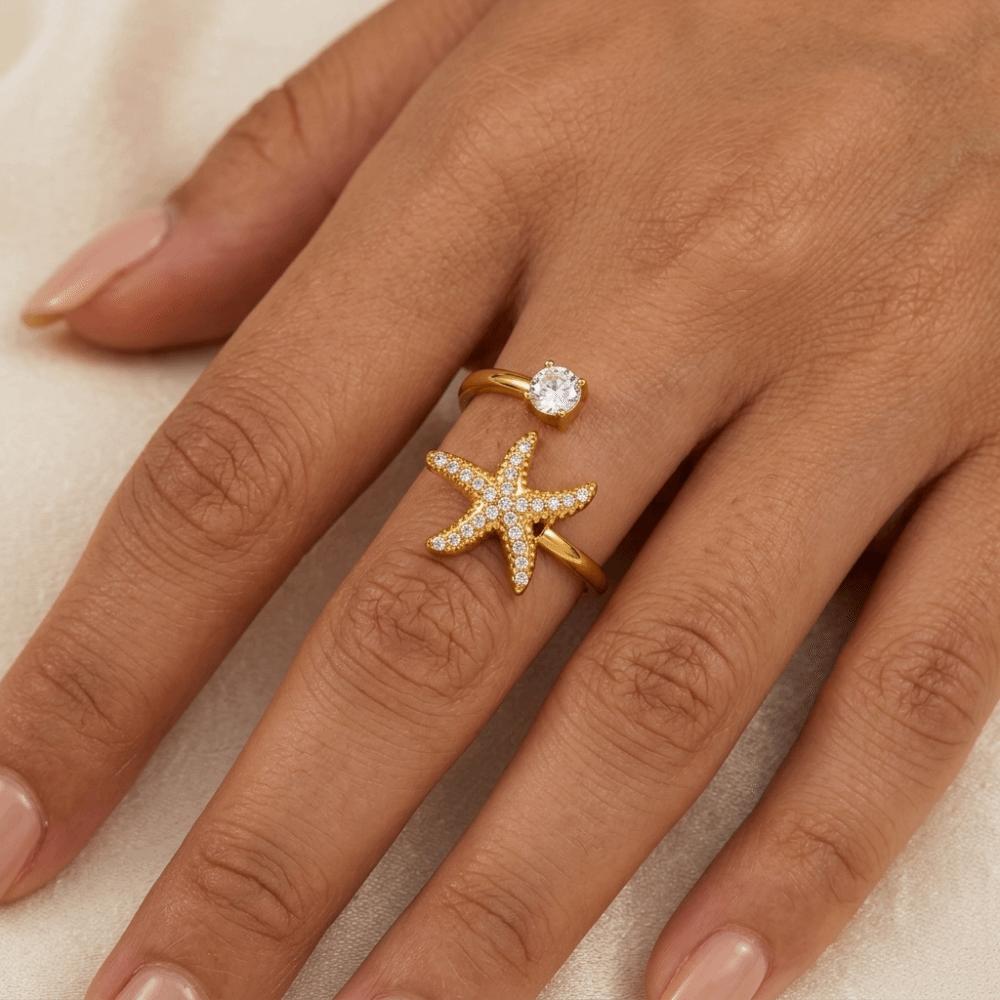 Exquisite Fish Tail Starfish Shell Finger Ring Jewelry Ocean Style Ring Cubic Zirconia Ring  Summer