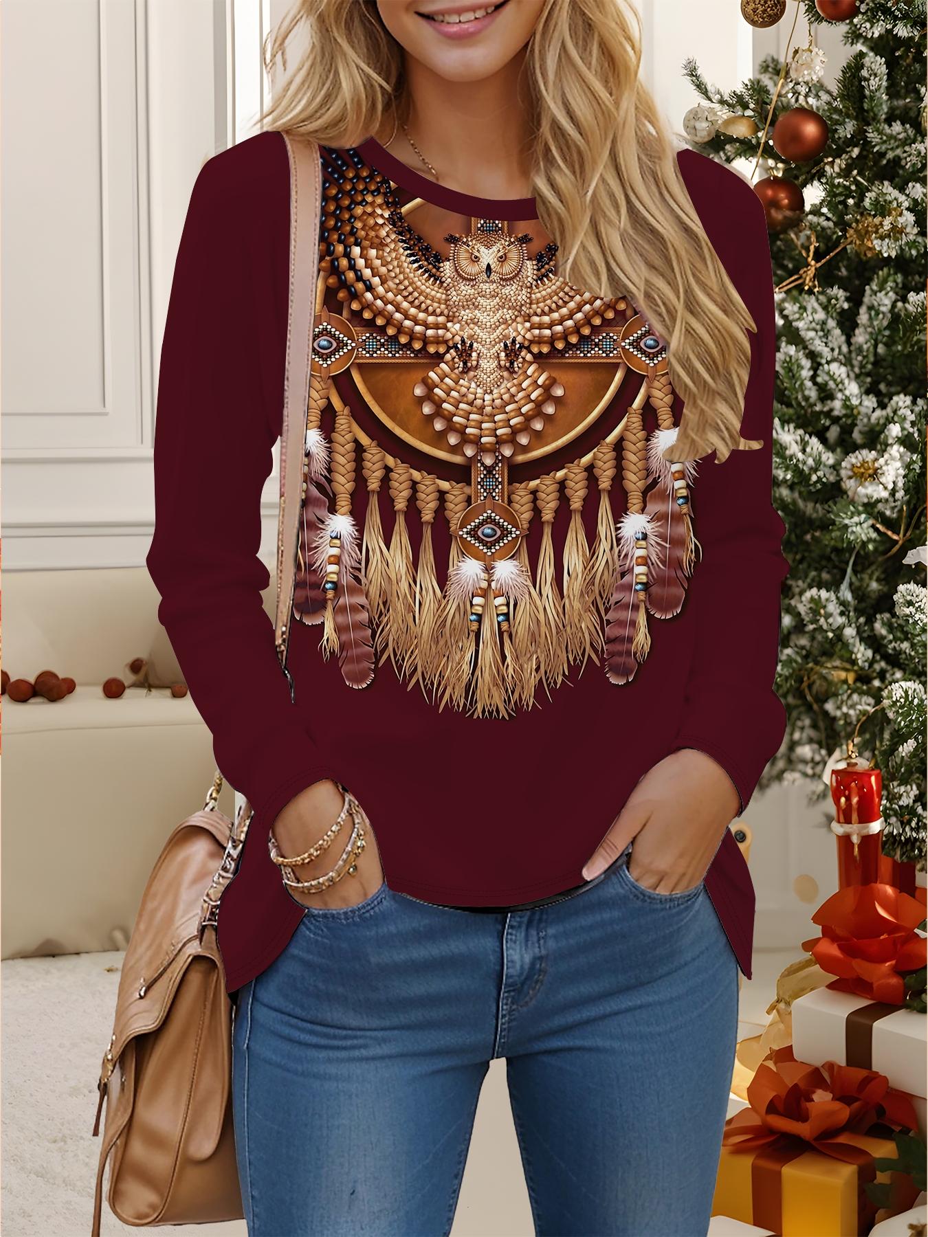 

Tops for Women 3D Vintage Pattern Print Round Neck Long Sleeve T-shirt Fall Casual Slim Pullover Women s Long Sleeve Top XXL красный