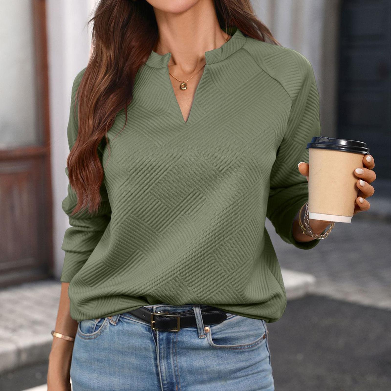 Women s Plaid Sweatshirt V-Neck Loose Fit Long Sleeve Casual Top L
