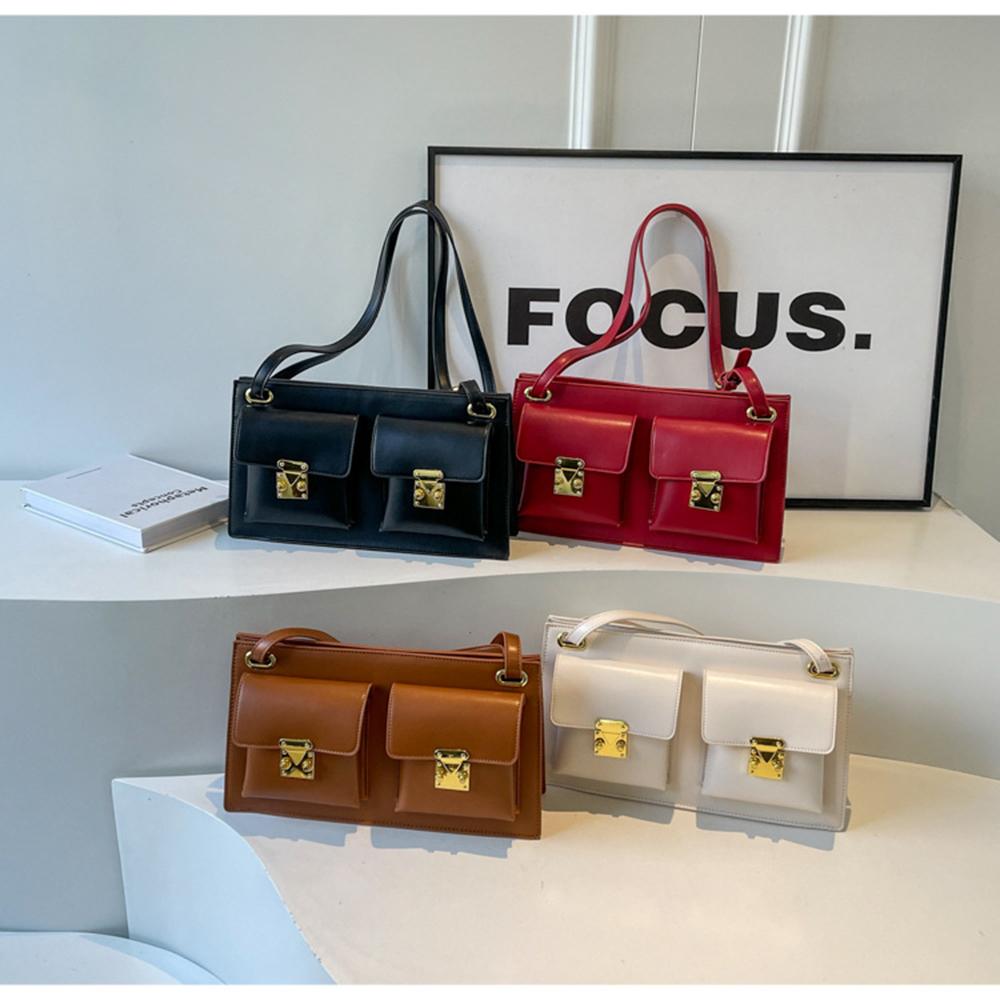 New Double Pocket Underarm Bag For Women Unique Design Retro Lock Buckle Single Shoulder Solid Color PU Crossbody Bag Trend