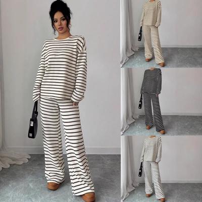2026 European and American Autumn/Winter Striped Lace-Up Long Sleeve Pants Set for Women