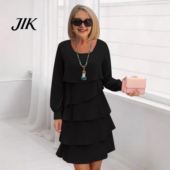 Einfarbiges Kleid Lagenlook Chiffon für Damen Langarm Rundhalsausschnitt Alltagskleidung Rüsche Stufenförmig Fließend Lässig Hochzeitsgast