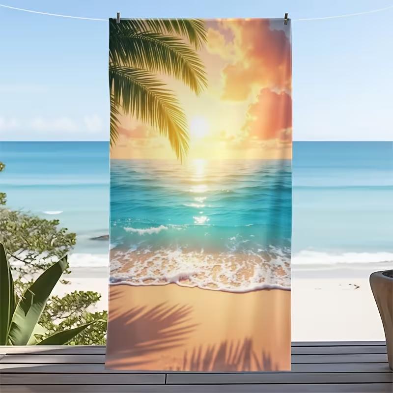 Summertime Beach Sunset Print Beach Towel Hand-Drawn Illustration Style Quick Dry Sand-Free Absorbent Beach Blanket for Summer