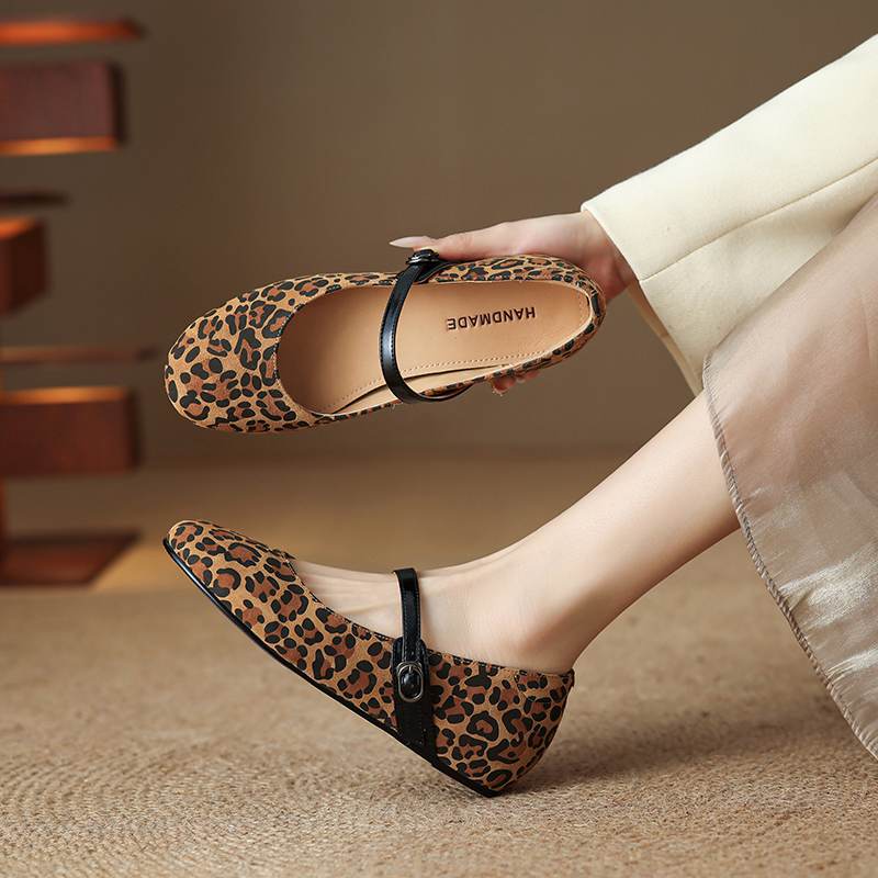 Krazing Pot Piele intoarsa Varf Rotund Marimea 42 Tocuri Joase Curele cu Catarama Imprimeuri Leopard Pompă de Toamnă Vintage cu Platformă