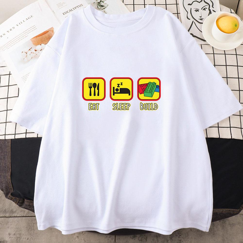 

Space T-shirt Building Block Cartoon Print 100% Cotton Tee-shirt Pop Casual Tshirt O-neck Tees Comfortable Top XXL белый